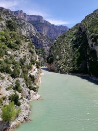 Scenic view of river amidst mountains against sky