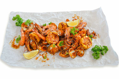 High angle view of meal served on table