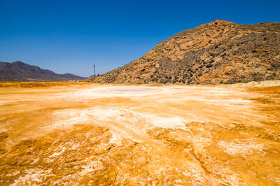 Scenic view of mountains against clear blue sky