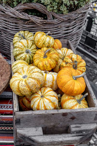 High angle view of pumpkins in crate