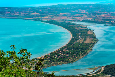 High angle view of bay against clear sky