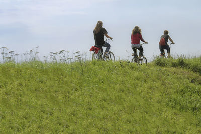 Rear view of people riding bicycle on field