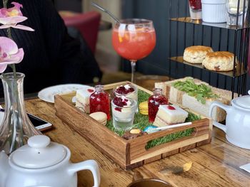 High angle view of breakfast served on table