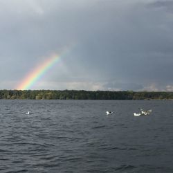 Scenic view of rainbow over calm sea against cloudy sky