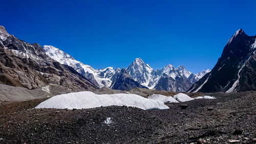 Scenic view of snowcapped mountains against clear blue sky