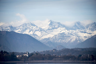 Scenic view of snowcapped mountains against sky