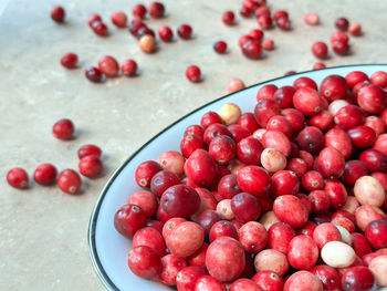 High angle view of cherries on table