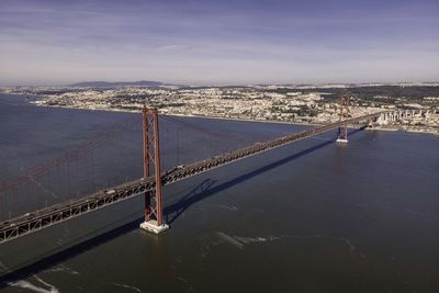 Aerial view of suspension bridge over river