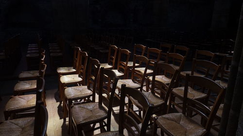 Empty chairs in dark room