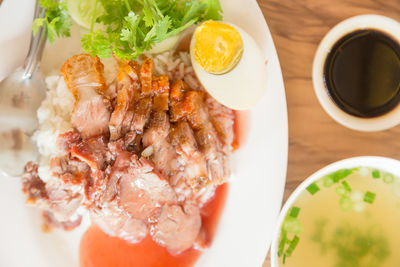 High angle view of food in plate on table