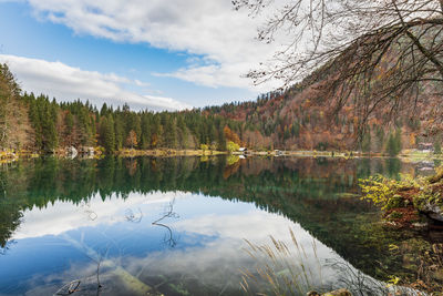 Reflection of trees in lake against sky