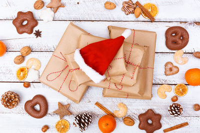 High angle view of christmas decorations on table