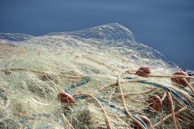 Close-up of fishing net against clear sky