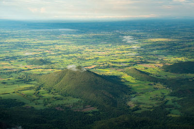 High angle view of field against sky