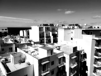 High angle view of buildings against sky