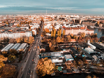 Aerial view of city against sky