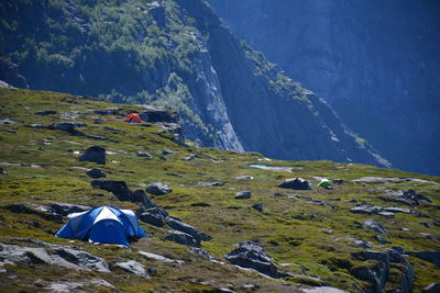 Tents on mountain peak