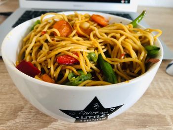 High angle view of noodles in bowl on table