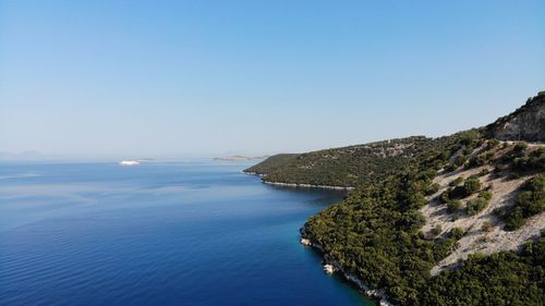 Scenic view of sea against clear blue sky