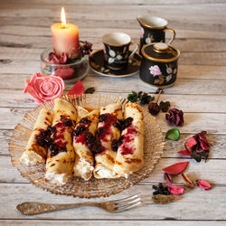 High angle view of dessert on table