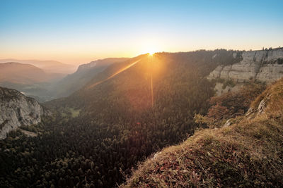 Scenic view of mountains against clear sky during sunset