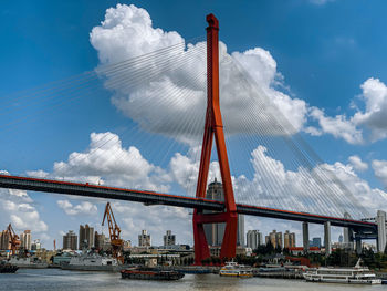 Panoramic view of suspension bridge against cloudy sky