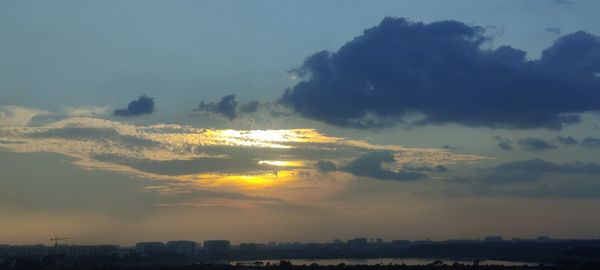 Aerial view of buildings against sky during sunset