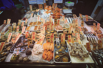 High angle view of seafood for sale in market