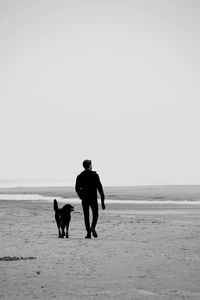 Rear view of man walking on beach against clear sky