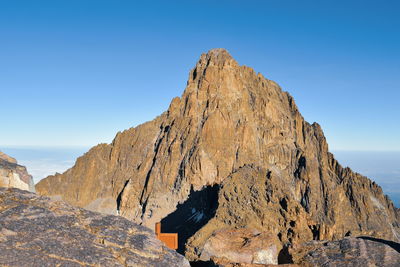 Rock formations on mountain against clear sky, batian peak, mount kenya national park, kenya 