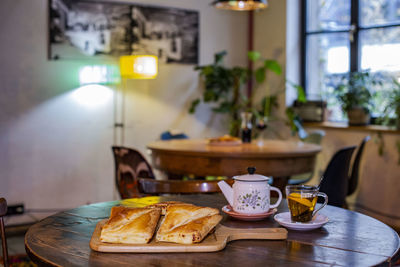 High angle view of breakfast on table