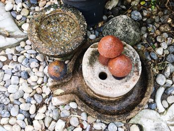 High angle view of stones on pebbles