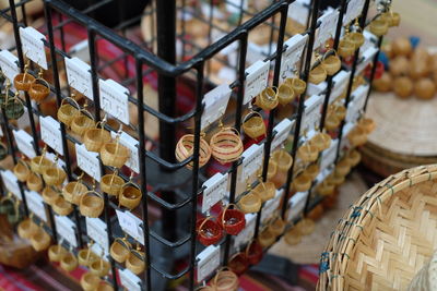 Close-up of wicker baskets earrings for sale
