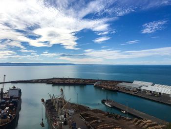 High angle view of harbor against sky