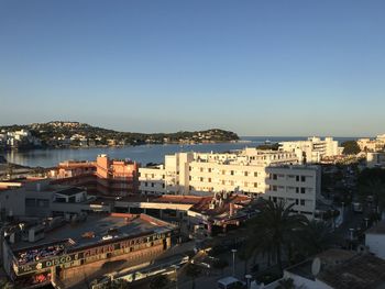 High angle view of townscape against clear sky
