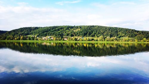 Scenic view of lake by trees against sky