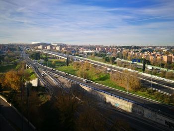 High angle view of highway amidst buildings in city