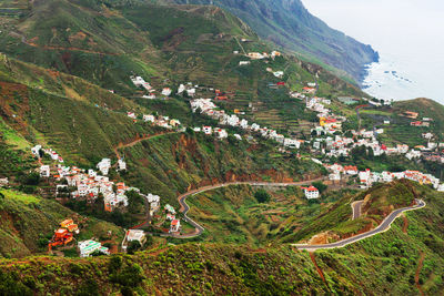 High angle view of houses in mountains