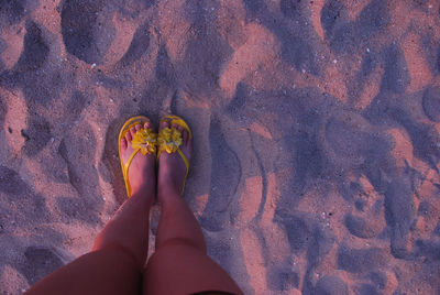 Low section of woman standing on sand