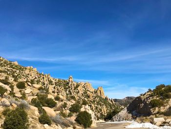 Scenic view of rocky mountains against blue sky