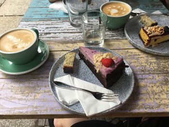 High angle view of breakfast served on table