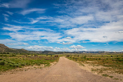 Dirt road along landscape against blue sky