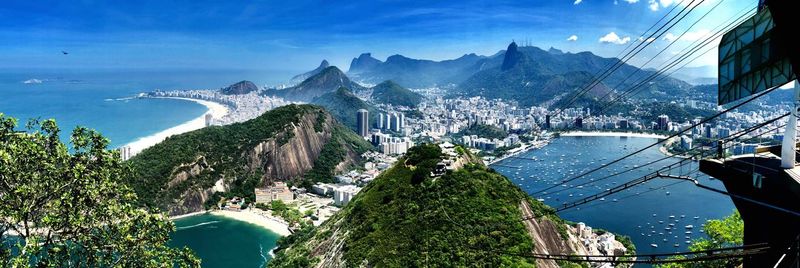 High angle view of city by sea against sky