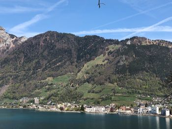 Scenic view of sea by mountains against sky