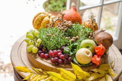 Close-up of fruits in basket on table