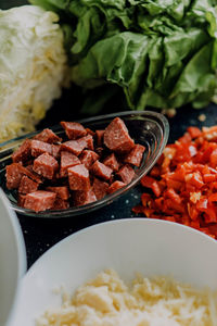 High angle view of food in bowl on table