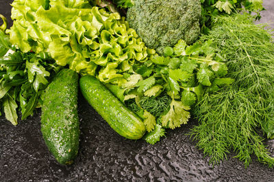High angle view of fresh green vegetables in market