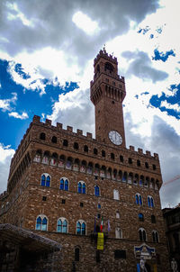 Low angle view of clock tower against sky