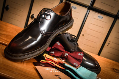 High angle view of black shoes on table