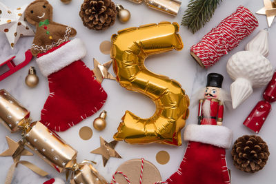 High angle view of christmas decorations on table